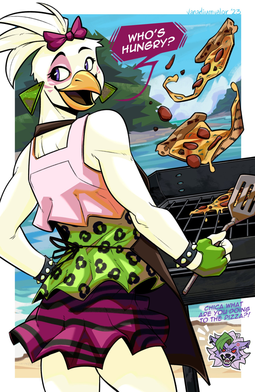 2023 absurd_res accessory anthro apron avian beach beak bird bow_ribbon bracelet canid canine canis chicken clothed clothing collar cooking cross-popping_vein day dialogue dress duo ear_piercing ear_ring english_text eyebrows eyelashes feathers female fingerless_gloves five_nights_at_freddy's five_nights_at_freddy's:_security_breach food fur galliform gallus_(genus) glamrock_chica_(fnaf) gloves grill grilling hair hair_accessory hair_bow hair_ribbon handwear hi_res holding_object jewelry mammal open_mouth open_smile outside phasianid piercing pizza ribbons ring_piercing roxanne_wolf_(fnaf) sand scottgames seaside smile solo_focus spatula spiked_bracelet spikes standing steel_wool_studios teeth text tongue tools tuft vanadiumvalor water wolf