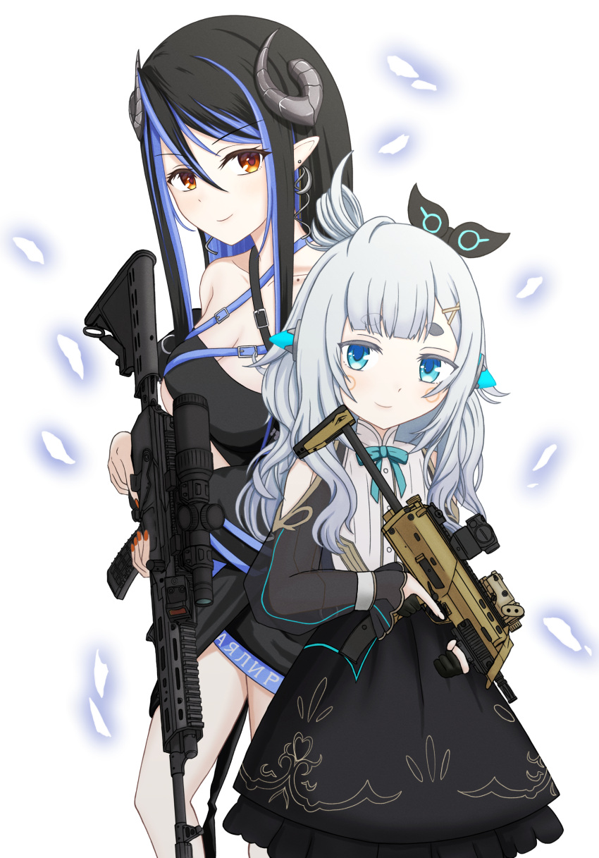 2girls absurdres and_uge assault_rifle bandeau belt black_bandeau black_belt black_hair black_jacket black_skirt black_sleeves blue_belt blue_eyes blue_hair blush breasts brown_eyes brown_nails chest_belt cleavage closed_mouth collarbone commentary_request cowboy_shot curled_horns demon_girl demon_horns detached_sleeves feet_out_of_frame frilled_skirt frills grey_horns gun h&amp;k_mp7 hair_between_eyes hairpods hebiyoi_tier highres hip_vent holding holding_gun holding_weapon horns jacket large_breasts long_hair long_sleeves looking_at_viewer medium_bangs multicolored_hair multiple_girls nanashi_inc. natsuki_aya off_shoulder open_clothes open_jacket pointy_ears rifle scope shirt sidelocks simple_background skirt sleeveless sleeveless_shirt smile snake_bite submachine_gun thick_eyebrows trigger_discipline two-tone_hair virtual_youtuber weapon white_background white_hair white_shirt