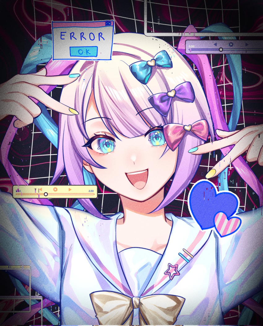1girl blonde_hair blue_bow blue_eyes blue_hair blue_nails bow chouzetsusaikawa_tenshi-chan double_v hair_bow highres holographic_clothing kaco0001 multicolored_hair multicolored_nails needy_girl_overdose open_mouth pink_bow pink_hair purple_bow quad_tails sailor_collar school_uniform serafuku smile solo twintails v yellow_bow yellow_nails