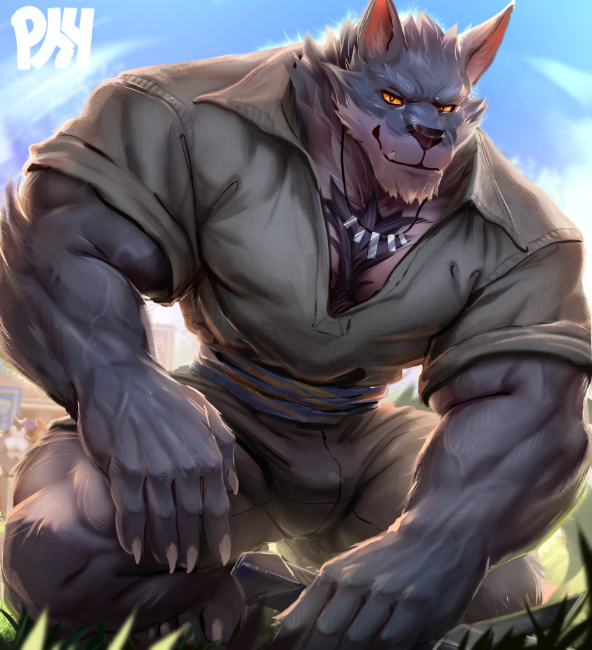 anthro asmund_(tavern_of_spear) body_hair canid canine canis chest_hair claws fur hi_res male mammal muscular muscular_anthro muscular_male physen sharp_claws solo tavern_of_spear vein veiny_muscles wolf