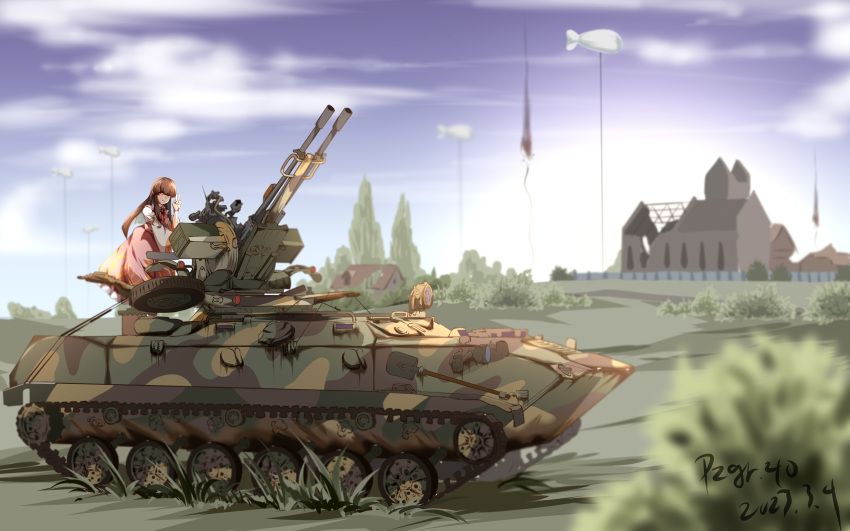 1girl absurdres black_hair blue_sky blurry blurry_background bush caterpillar_tracks chinese_commentary commentary_request dated dress full_body highres houraisan_kaguya long_hair military_vehicle motor_vehicle outdoors pink_dress pink_dresstank pzgr.40 rock signature sky solo tank touhou