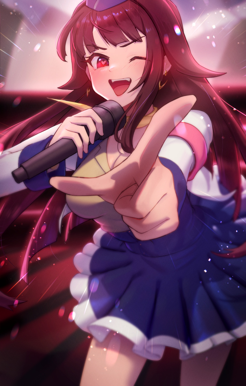 1girl ;d blue_skirt blush breasts cleavage foreshortening heart heart-shaped_pupils highres holding holding_microphone idol jacket last_origin long_hair looking_at_viewer medium_breasts microphone nyanom one_eye_closed pointy_ears red_eyes red_hair skirt sleipnir_(last_origin) smile solo symbol-shaped_pupils very_long_hair white_jacket