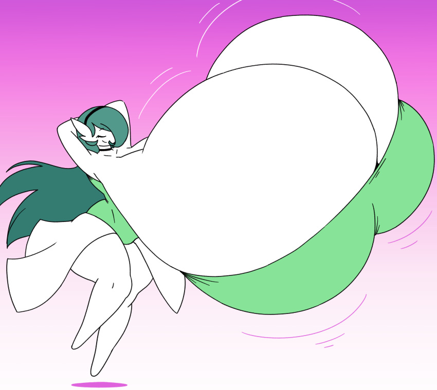 angstrom big_breasts breasts clothing dress female gardevoir generation_3_pokemon green_hair hair hands_behind_head hi_res huge_breasts humanoid hyper hyper_breasts long_hair nintendo not_furry pokemon pokemon_(species) smile solo thick_thighs white_body