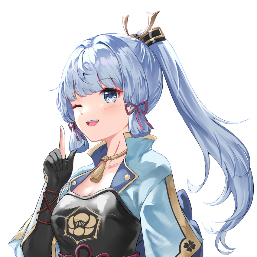 1girl ;d arm_guards armor black_gloves blue_capelet blue_eyes blue_hair breastplate capelet chahei commentary_request elbow_gloves genshin_impact gloves hair_ornament hair_ribbon hand_up highres index_finger_raised jewelry kamisato_ayaka light_blue_hair long_hair looking_at_viewer mole mole_under_eye neck_ring neck_tassel one_eye_closed partially_fingerless_gloves ponytail ribbon smile solo teeth tress_ribbon upper_body upper_teeth_only