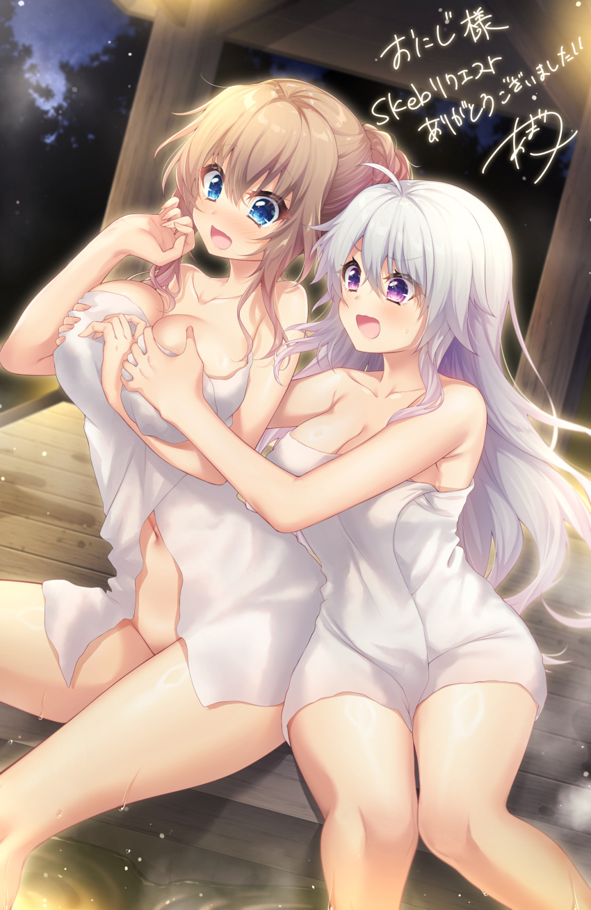 2girls 9-nine- absurdres ahoge alternate_hairstyle amatsuji bare_arms bare_shoulders between_breasts blue_eyes blush breast_envy breasts cleavage collarbone commentary_request commission curvy dutch_angle embarrassed eyelashes eyes_visible_through_hair feet_out_of_frame fingernails grabbing grabbing_another's_breast grabbing_from_behind grey_hair hair_bun hair_down hand_up head_between_breasts highres kujou_miyako large_breasts light_brown_hair long_hair looking_at_breasts looking_down multiple_girls naked_towel navel night niimi_sora nose_blush onsen open_mouth outdoors purple_eyes ripples shiny_skin sidelocks signature simple_background single_hair_bun sitting skeb_commission soaking_feet steam sweatdrop thighs towel v-shaped_eyebrows very_long_hair water wavy_hair wet white_towel yuri