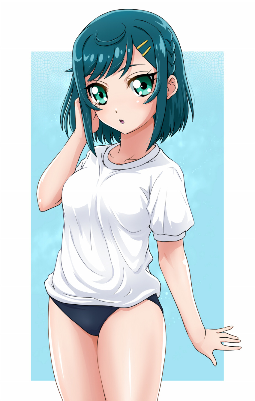 1girl blue_background blue_buruma blue_hair blush breasts buruma delicious_party_precure dengeki_gx fuwa_kokone green_eyes gym_shirt gym_uniform highres looking_at_viewer open_mouth precure shirt short_hair short_sleeves small_breasts solo white_background white_shirt