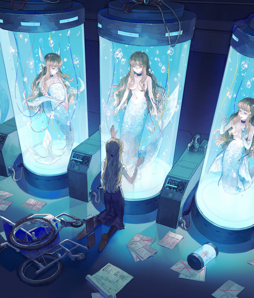 absurdres brown_hair hand_on_glass highres indoors long_hair mermaid monster_girl multiple_girls nashiko_(nanaju_ko) original paper stasis_tank very_long_hair wheelchair