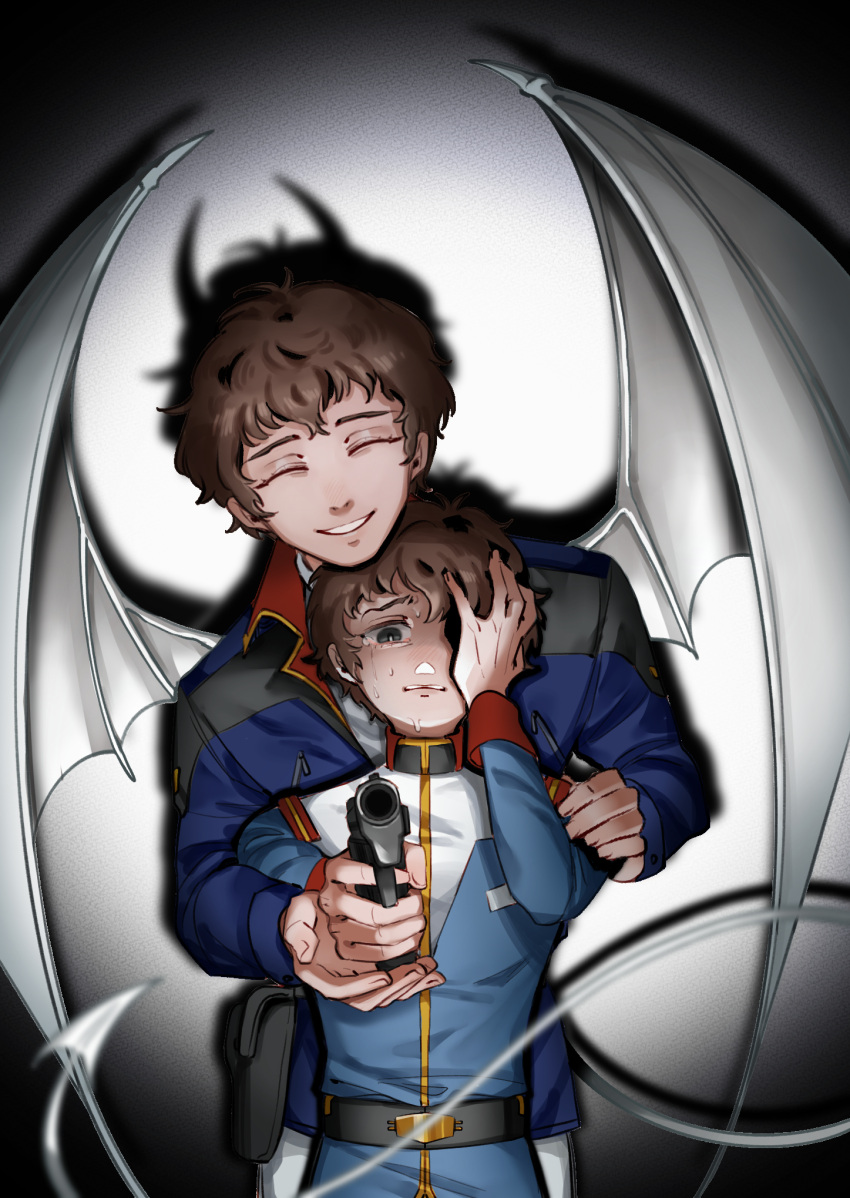 2boys amuro_ray behind_another belt black_belt blue_eyes blue_jacket brown_hair char's_counterattack chinese_commentary closed_eyes commentary_request crying crying_with_eyes_open demon_horns demon_tail demon_wings different_shadow dual_persona eclipseb041117 facing_viewer grin gun gundam hand_up handgun highres holding holding_gun holding_weapon holster horns jacket long_sleeves male_focus military_jacket mobile_suit_gundam multiple_boys one_eye_covered pointing pointing_at_viewer short_hair smile tail tears time_paradox weapon white_tail white_wings wings