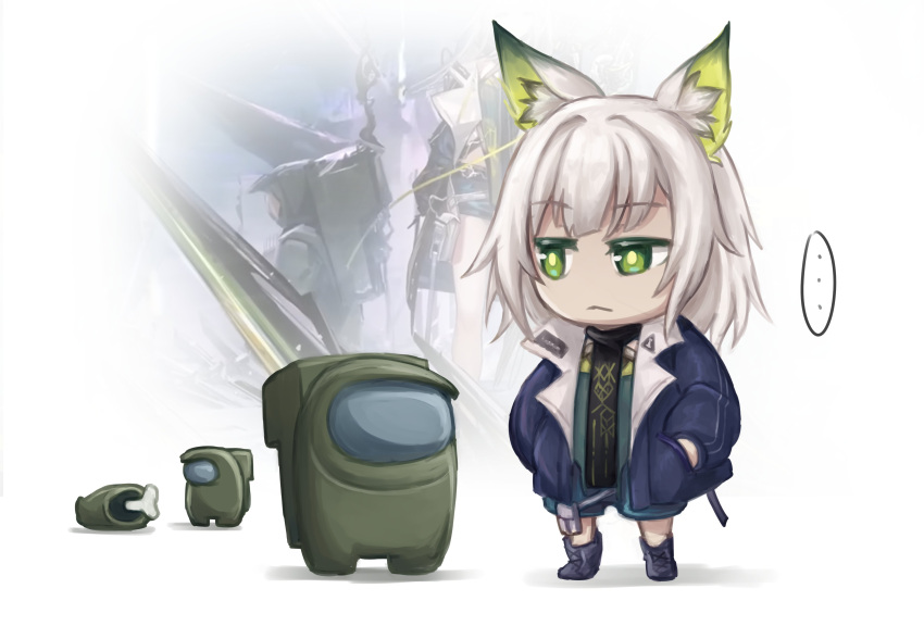 ... 1girl :&lt; absurdres among_us animal_ear_fluff animal_ears arknights black_scarf blue_jacket blue_shorts boots cat_ears cat_girl chibi closed_mouth commentary crewmate_(among_us) english_commentary green_eyes highres jacket kal'tsit_(arknights) kal'tsit_(remnant)_(arknights) official_art_inset scarf short_hair shorts spoken_ellipsis thokuma white_background white_hair