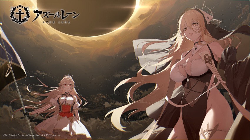 2girls azur_lane bangs between_breasts black_gloves blonde_hair breast_cutout breasts cape crown detached_sleeves dress fake_horns flag gloves habit highres holding holding_flag horns implacable_(azur_lane) juliet_sleeves kuga_huna large_breasts long_bangs long_hair long_sleeves maltese_cross multiple_girls nun official_art pelvic_curtain puffy_sleeves purple_eyes red_cape red_eyes richelieu_(azur_lane) short_dress standing striped_sleeves thighhighs two-tone_dress veil very_long_hair white_dress white_horns white_thighhighs