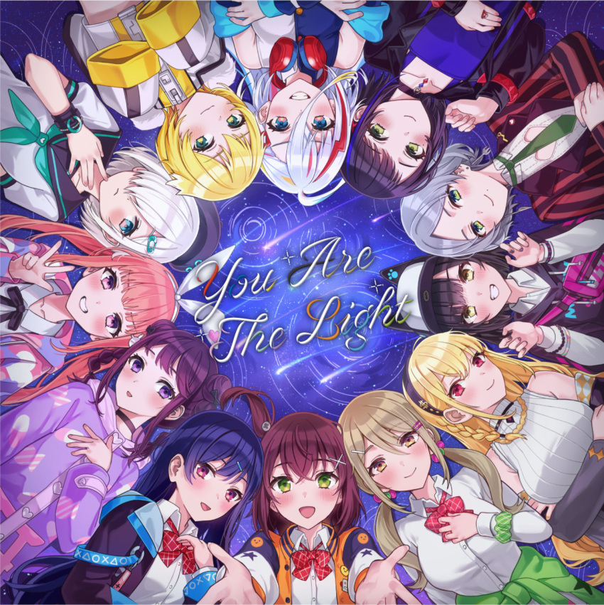 6+girls album_cover animal_ears animal_hat aqua_neckerchief beret black_hair black_hairband black_jacket black_ribbon black_sailor_collar blonde_hair blue_eyes blue_hair blush bow bowtie bracelet braid breasts brown_hair candy_print cat_hat clothes_around_waist collared_shirt cover denonbu double_bun fake_animal_ears fanny_pack green_eyes green_scrunchie grey_hair haijima_ginka hair_between_eyes hair_bow hair_bun hair_ornament hair_over_one_eye hairband hairclip hand_on_own_chest hat headphones headphones_around_neck hidaka_reina_(denonbu) highres hood hoodie houou_karin inubousaki_shian jacket jacket_around_waist jewelry kayano_futaba kurogane_tama large_breasts long_hair long_sleeves looking_at_viewer low_twintails lying minakami_hina multicolored_hair multiple_girls neck_ribbon neckerchief official_art on_back open_clothes open_jacket open_mouth orange_jacket pill_print pink_eyes pink_hair pink_jacket plaid plaid_bow plaid_bowtie purple_eyes purple_hair purple_hoodie rangu reaching_towards_viewer red_bow red_bowtie red_eyes red_hair ribbon sailor_collar sakurano_mimito school_uniform scrunchie second-party_source seto_mitsuki_(denonbu) shinonome_kazune shirokane_aki shirt short_hair side_braid side_ponytail sleeveless sleeves_past_fingers sleeves_past_wrists smile song_name streaked_hair taiga_lucia twin_braids twintails upper_body v white_hair white_hairband white_jacket white_shirt x_hair_ornament yellow_eyes