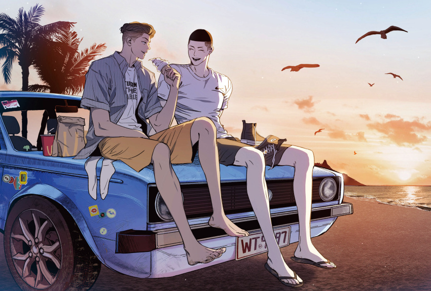 2boys beach bird bishounen black_eyes black_hair black_shorts brown_eyes brown_hair brown_shorts buzz_cut car closed_eyes couple earrings food full_body highres holding holding_food holding_ice_cream holding_ice_cream_cone horizon ice_cream ice_cream_cone jewelry laughing looking_at_another male_focus mcdonald's miyagi_ryouta motor_vehicle multiple_boys nolja_cz ocean outdoors palm_tree photo_background print_shirt sandals sawakita_eiji seagull shirt shoes short_hair shorts sitting_on_car slam_dunk_(series) smile striped striped_shirt stud_earrings sunset tree undercut unworn_shoes very_short_hair wavy_hair white_shirt yaoi