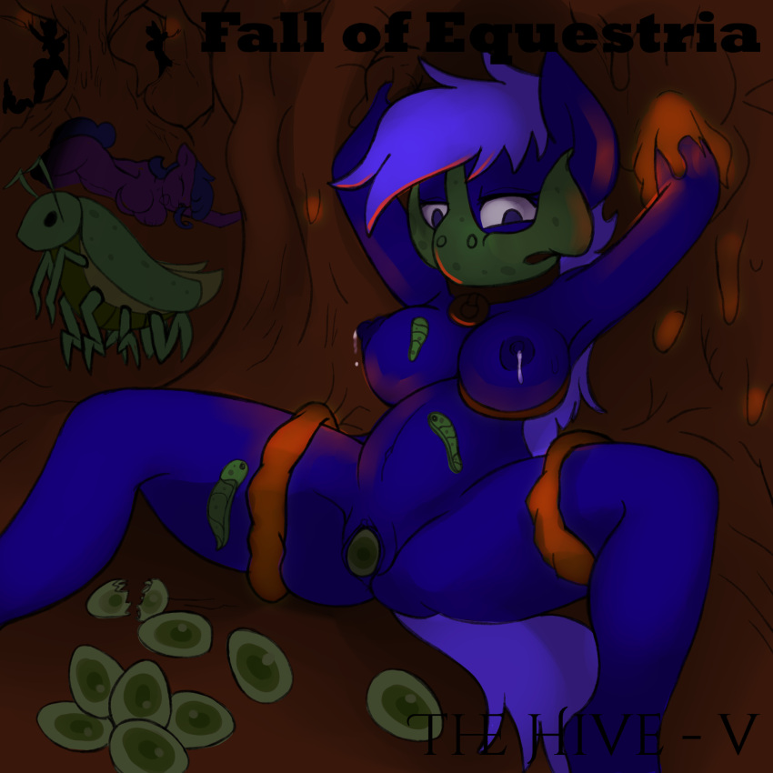 anthro arms_tied bound breasts collar collar_only color_edit colored egg fall_of_equestria fan_character female female/female genitals hi_res mind_control navel nude oviposition pussy slashysmiley solo third-party_edit
