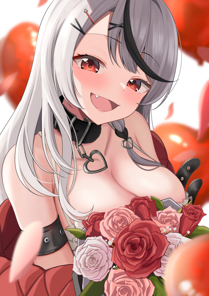 1girl 9696k absurdres black_collar black_hair blush breasts cleavage collar collarbone fang grey_hair hair_ornament heart_collar heart_pendant highres hololive large_breasts long_hair looking_at_viewer multicolored_hair off-shoulder_jacket off_shoulder open_mouth red_eyes sakamata_chloe solo streaked_hair virtual_youtuber x_hair_ornament