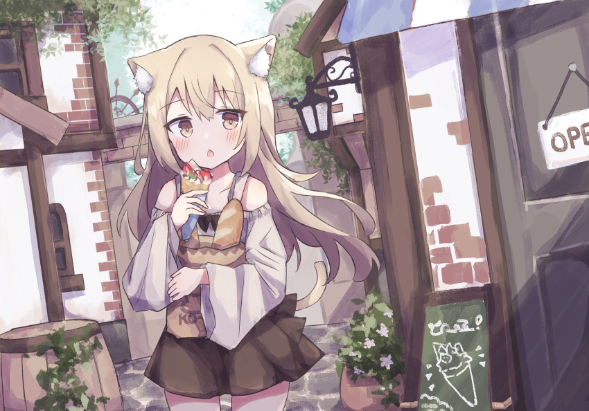 1girl :c animal_ear_fluff animal_ears baguette bare_shoulders barrel black_skirt blonde_hair blush bread brick_wall brown_eyes building cat_ears cat_girl cat_tail collarbone colon_br crepe day dutch_angle food grey_shirt hair_between_eyes highres holding holding_food house legs_apart looking_at_viewer miniskirt off-shoulder_shirt off_shoulder open_mouth original outdoors plant pleated_skirt potted_plant raised_eyebrows shirt sign skirt solo tail thighs wall_lamp