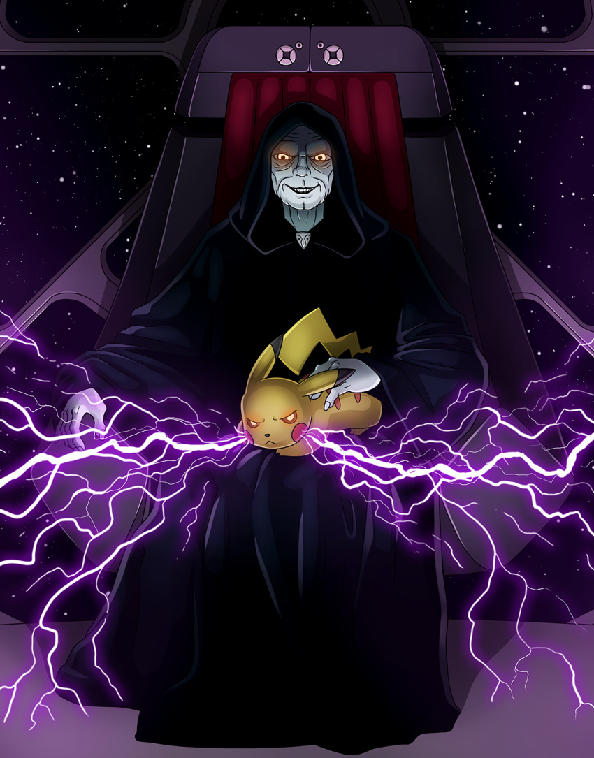 2020 ambiguous_gender baggy_clothing black_clothing black_robe chair clothed clothing cool_colors crossover detailed_background dipstick_ears duo electricity electricity_manipulation elemental_manipulation emperor_palpatine evil_grin feral front_view frown full-length_portrait fully_clothed furniture generation_1_pokemon glowing glowing_eyes grin hi_res human inside looking_at_viewer lord-kiyo mammal multicolored_ears nintendo old on_lap petting pikachu pokemon pokemon_(species) portrait purple_electricity robe sith sith_lord sitting smile space star star_wars tail throne wrinkles