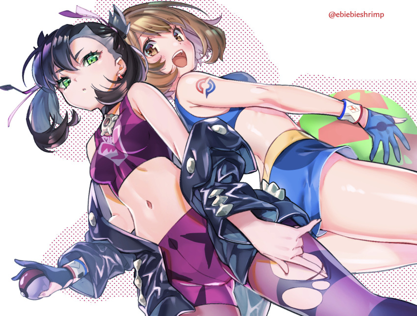 2girls :d back-to-back bare_legs black_choker black_hair black_jacket blue_gloves blue_shorts blush breasts brown_eyes brown_hair choker crop_top dutch_angle eyelashes gloria_(pokemon) gloves green_eyes hair_ribbon holding holding_poke_ball jacket looking_at_viewer marnie_(pokemon) medium_breasts medium_hair midriff multiple_girls navel off_shoulder open_clothes open_jacket open_mouth pants pantyhose pantyhose_under_shorts poke_ball pokemon pokemon_(game) pokemon_swsh purple_pants purple_shorts ribbon short_hair short_shorts shorts shuri_(84k) simple_background single_glove sleeveless smile tank_top thighs torn_clothes torn_pants twitter_username white_background wristband