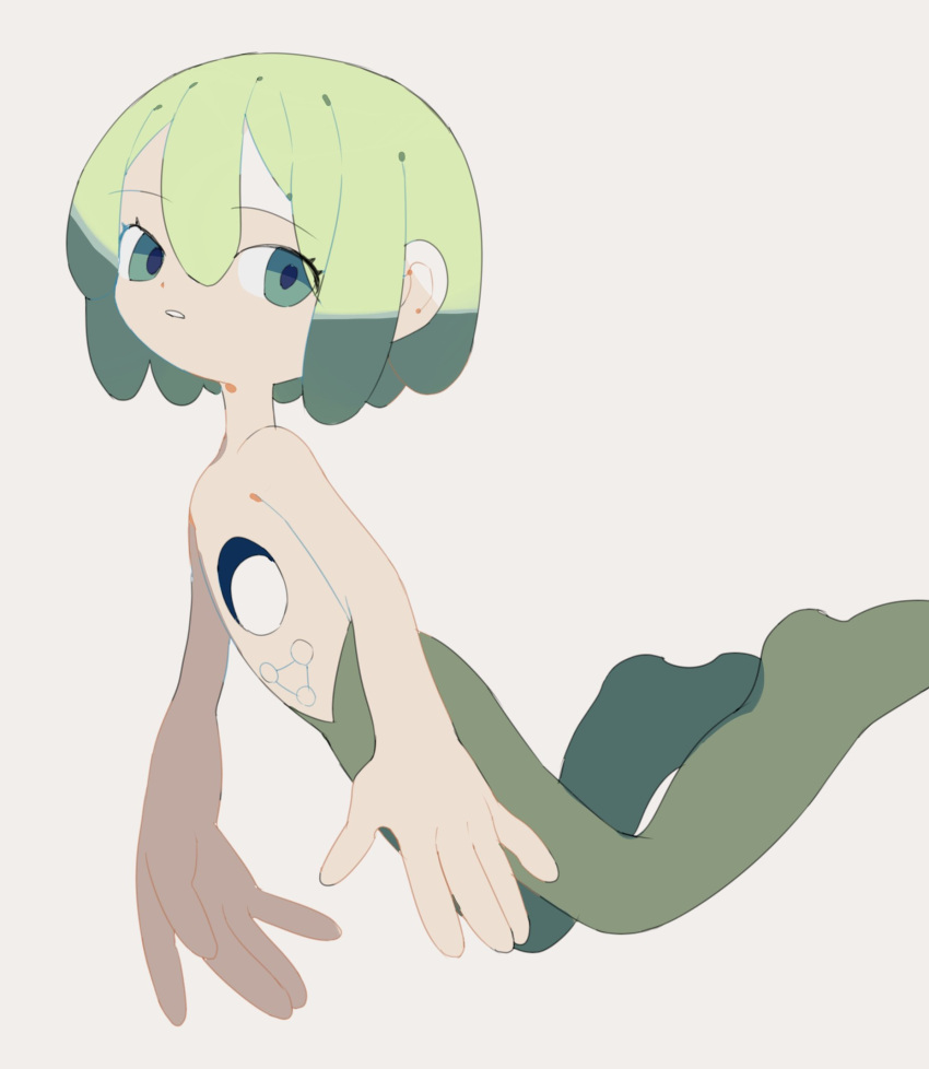 1boy birthmark circle_formation dot_nose green_eyes green_hair green_pants highres hole hole_in_chest hole_on_body kaiba kaiba_(character) lowleg lowleg_pants navel nedoco open_mouth pants short_hair simple_background sketch solo