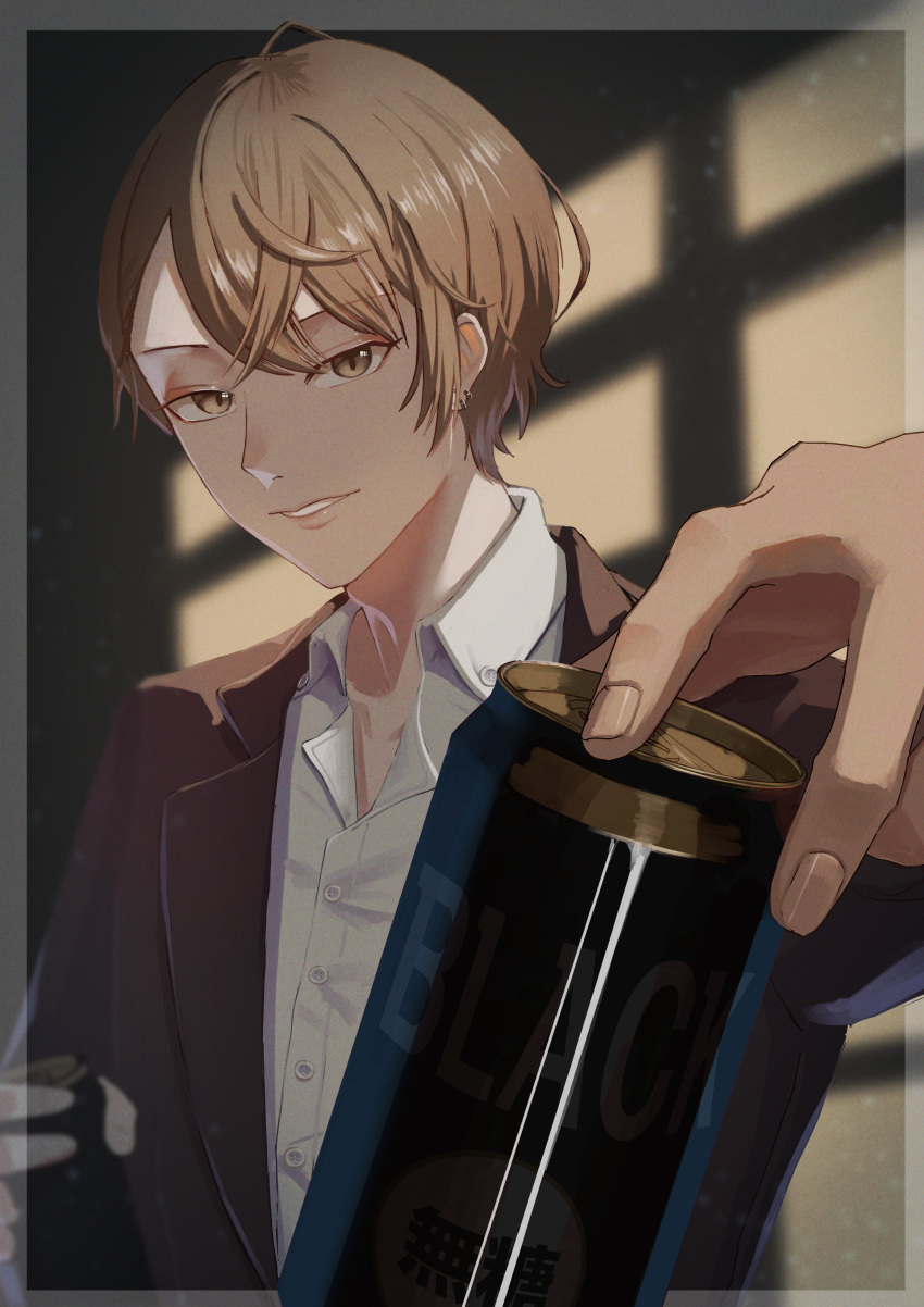 1boy absurdres bishounen border brown_eyes brown_hair brown_jacket buttons can canned_coffee coffee crossed_bangs earrings fingernails highres jacket jewelry kagami_hayato kagami_hayato_(1st_costume) light_particles looking_at_viewer magurosamm male_focus nijisanji parted_lips shirt solo virtual_youtuber white_shirt