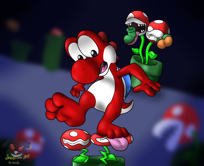 3_toes 4_fingers barefoot blurred_background cave_background clothing countershading elemental_creature feet fingers flora_fauna foot_fetish footwear green_pipe hi_res hindpaw mario_bros nintendo nude open_mouth paws pipe piranha_plant plant plantigrade randytheartdog red_body shoes shoes_removed soles stepped_on toes tongue tongue_out watermark white_body white_countershading yoshi