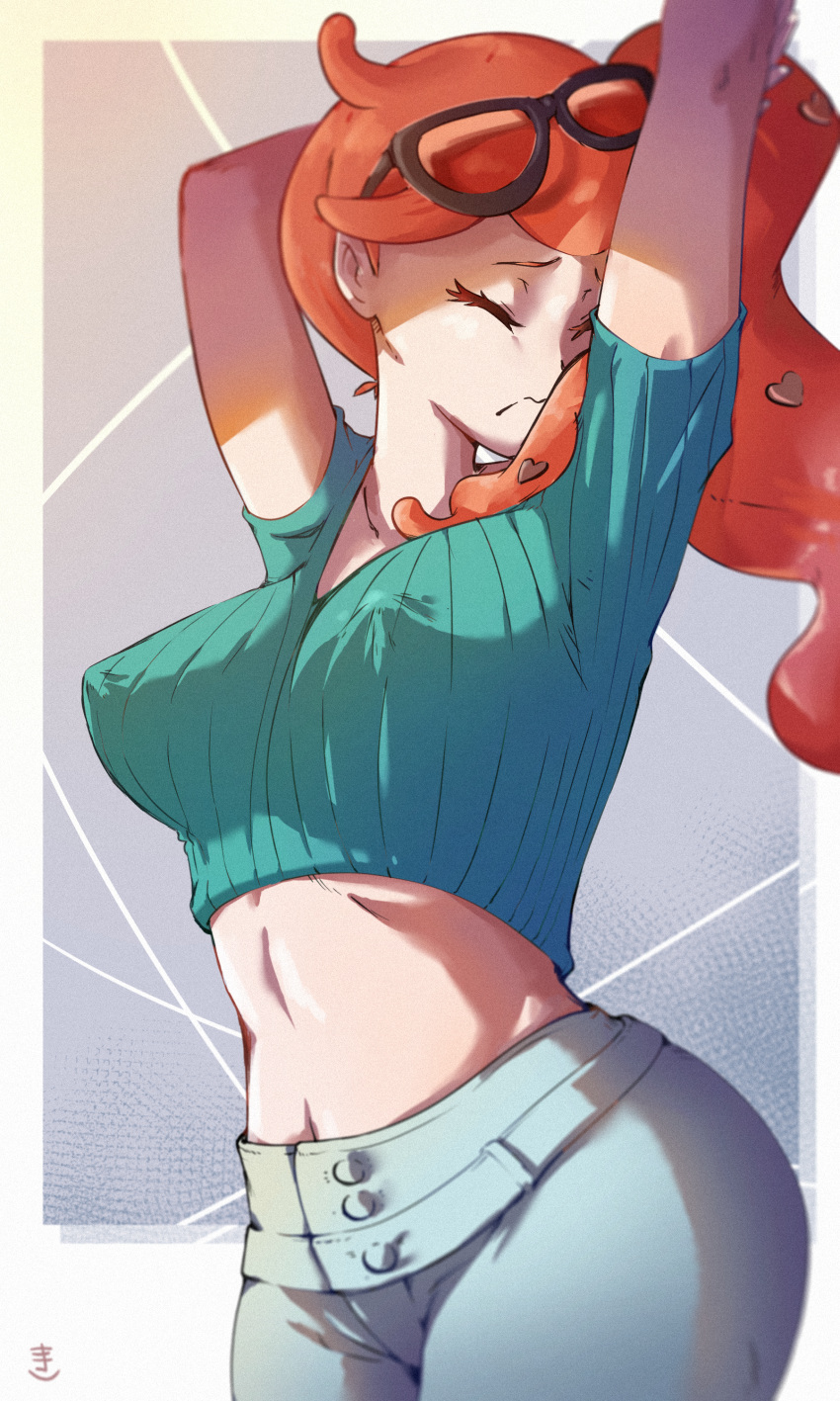 1girl 741saki-3 absurdres aqua_shirt blue_pants breasts closed_eyes collarbone covered_nipples eyewear_on_head hair_ornament heart heart_hair_ornament highres large_breasts midriff navel orange-tinted_eyewear orange_hair pants pokemon pokemon_(game) pokemon_swsh ribbed_shirt shirt short_sleeves side_ponytail sonia_(pokemon) stretching sunglasses swept_bangs tinted_eyewear wide_hips