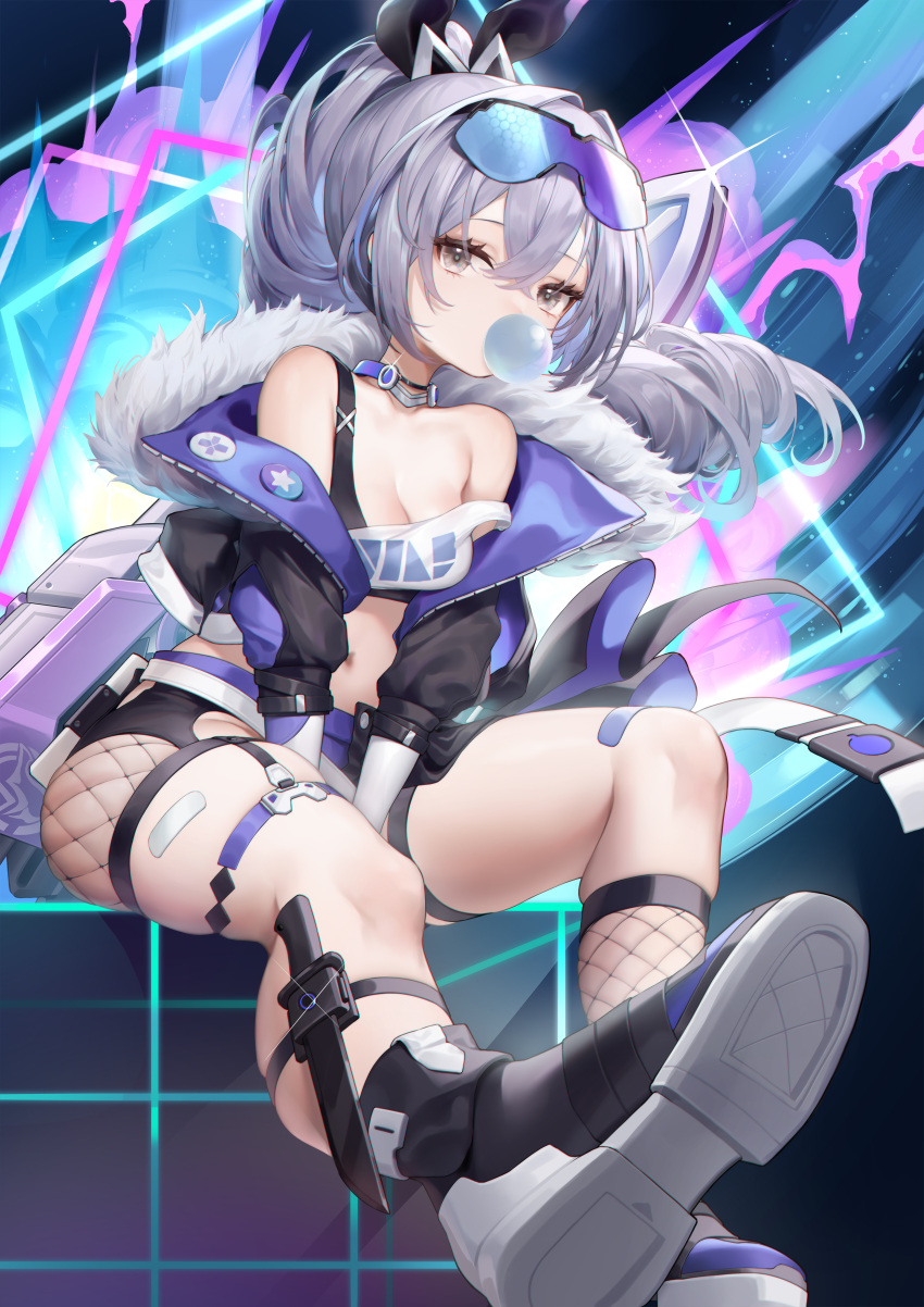 1girl absurdres ankle_holster bandaid bandaid_on_leg breasts chewing_gum choker cleavage crop_top crossed_bangs fishnets full_body fur-trimmed_jacket fur_trim glint grey_eyes grey_hair highres honkai:_star_rail honkai_(series) jacket knife long_hair looking_at_viewer midriff navel off_shoulder ponytail short_shorts shorts silver_wolf_(honkai:_star_rail) sitting small_breasts solo stomach strap_slip taitai thigh_strap thighs