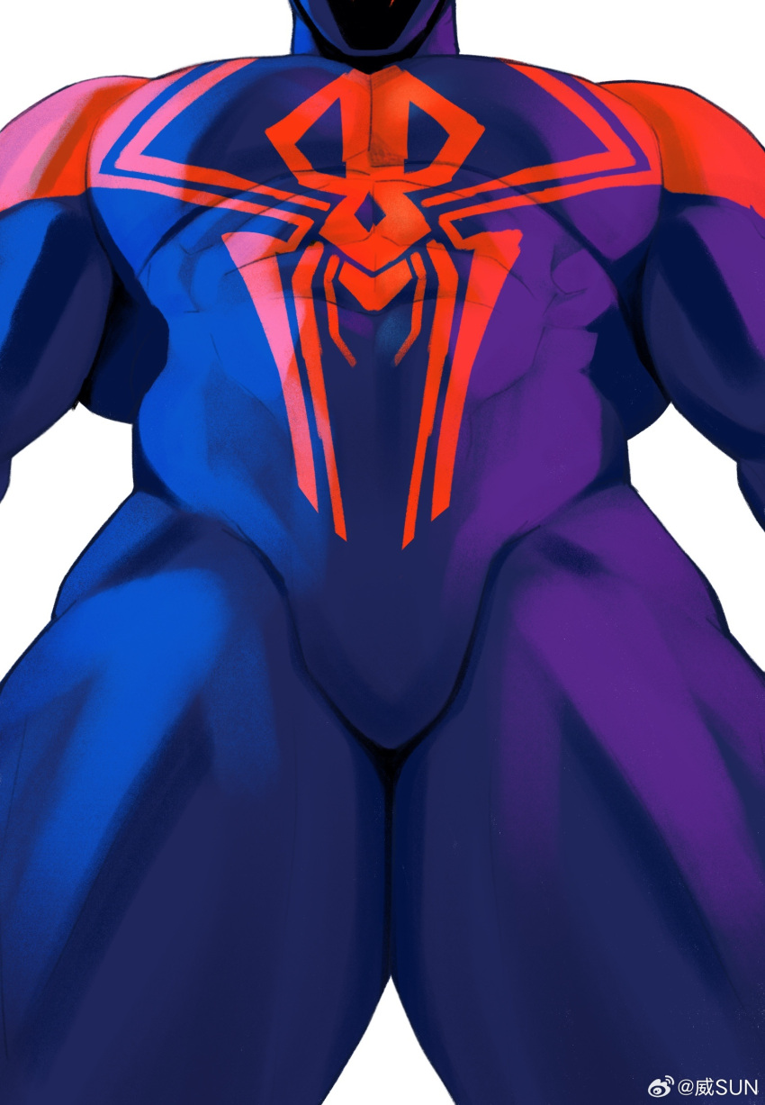 1boy animal_print bara blue_bodysuit bodysuit broad_shoulders bulge crotch facing_viewer feet_out_of_frame foot_out_of_frame from_below highres large_pectorals male_focus marvel muscular muscular_male pectorals perspective print_bodysuit red_bodysuit solo spider-man:_across_the_spider-verse spider-man_(2099) spider-man_(series) spider-verse spider_print strongman_waist thick_thighs thighs two-tone_bodysuit weisun_(leoooliooon)