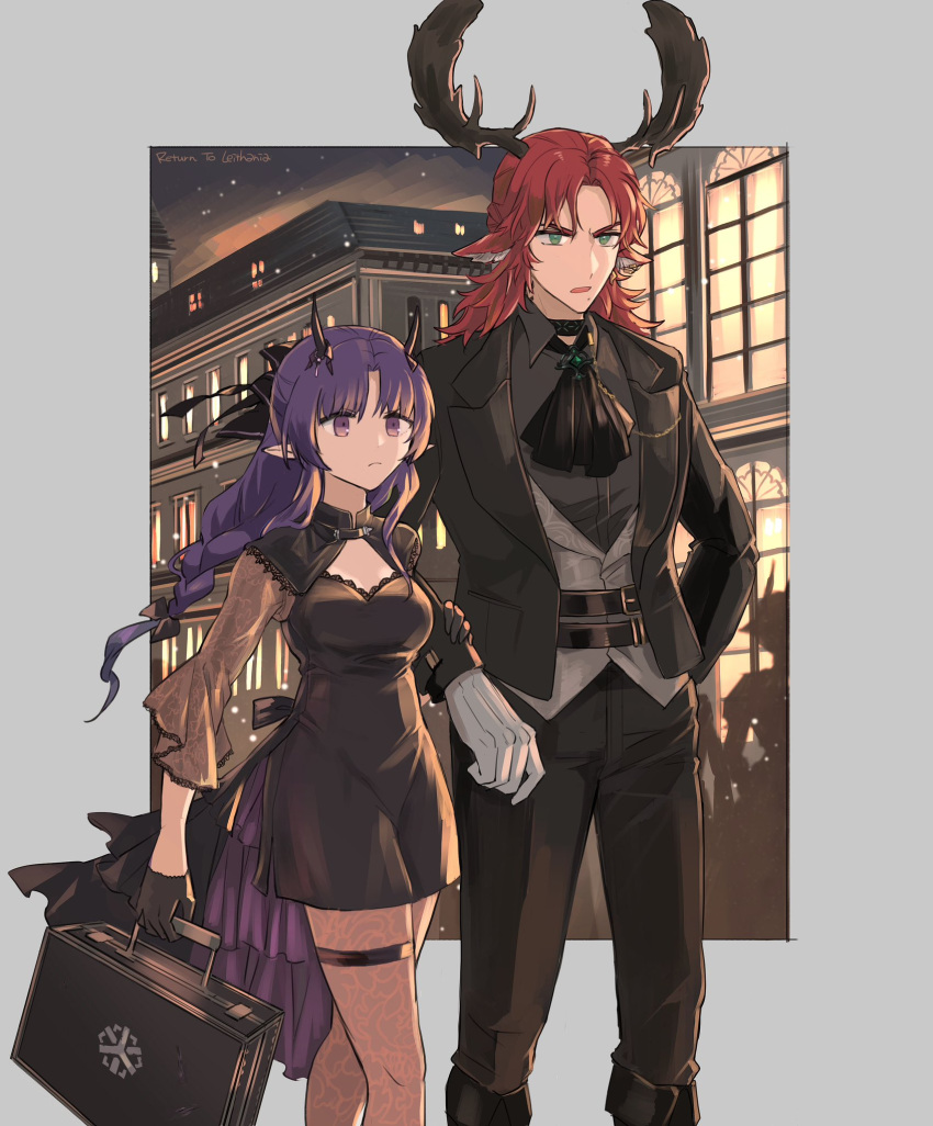 1boy 1girl alternate_costume animal_ears antlers arknights ascot bag belt black_ascot black_belt black_bow black_dress black_footwear black_gloves black_jacket black_suit boots border bow braid briefcase brown_pantyhose building cleavage_cutout closed_mouth clothing_cutout collar_chain_(jewelry) collared_shirt czerny_(arknights) deer_antlers deer_boy deer_ears dress formal gloves green_eyes grey_border grey_shirt grey_vest hair_bow half_gloves hand_on_another's_arm hibiscus_(arknights) hibiscus_the_purifier_(arknights) high-low_skirt highres holding holding_bag holding_briefcase horn_ornament horns infection_monitor_(arknights) jacket knee_boots lace_pantyhose lapels locked_arms long_hair long_sleeves low-braided_long_hair mole mole_under_mouth night noshima notched_lapels outside_border pantyhose parted_bangs parted_lips pointy_ears purple_eyes purple_hair red_hair serious shirt suit thigh_strap v-shaped_eyebrows vest walking white_gloves