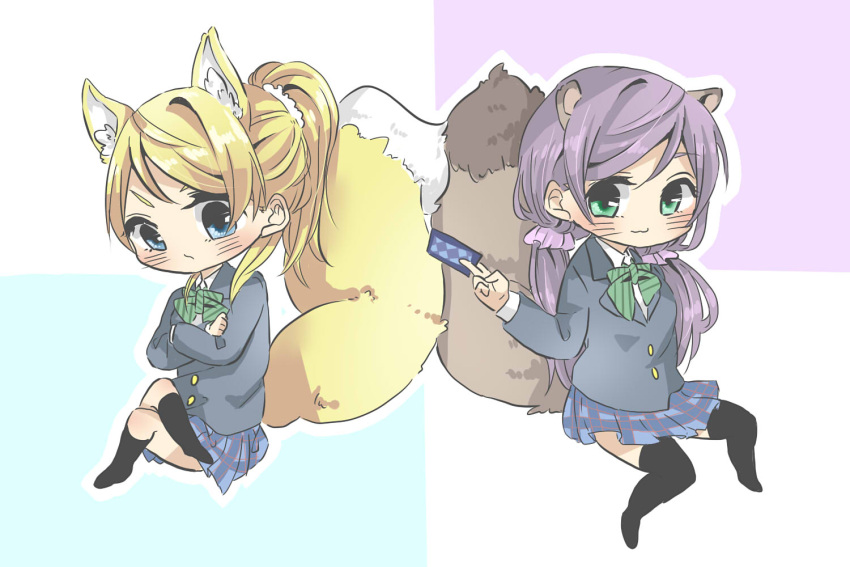 2girls animal_ear_fluff animal_ears ayase_eli black_socks black_thighhighs blazer blonde_hair blue_eyes blue_jacket blue_skirt blush bow bowtie card chibi closed_mouth collared_shirt commentary_request crossed_arms crossed_legs fox_ears fox_girl fox_tail green_bow green_bowtie hair_ornament hair_scrunchie holding holding_card invisible_chair jacket kashikaze kemonomimi_mode kneehighs large_tail long_hair long_sleeves love_live! love_live!_school_idol_project low_twintails medium_hair multiple_girls no_shoes otonokizaka_school_uniform outline plaid plaid_skirt pleated_skirt purple_hair purple_scrunchie raccoon_ears raccoon_girl raccoon_tail school_uniform scrunchie shirt sitting skirt socks striped striped_bow striped_bowtie tail thighhighs toujou_nozomi twintails white_outline white_shirt