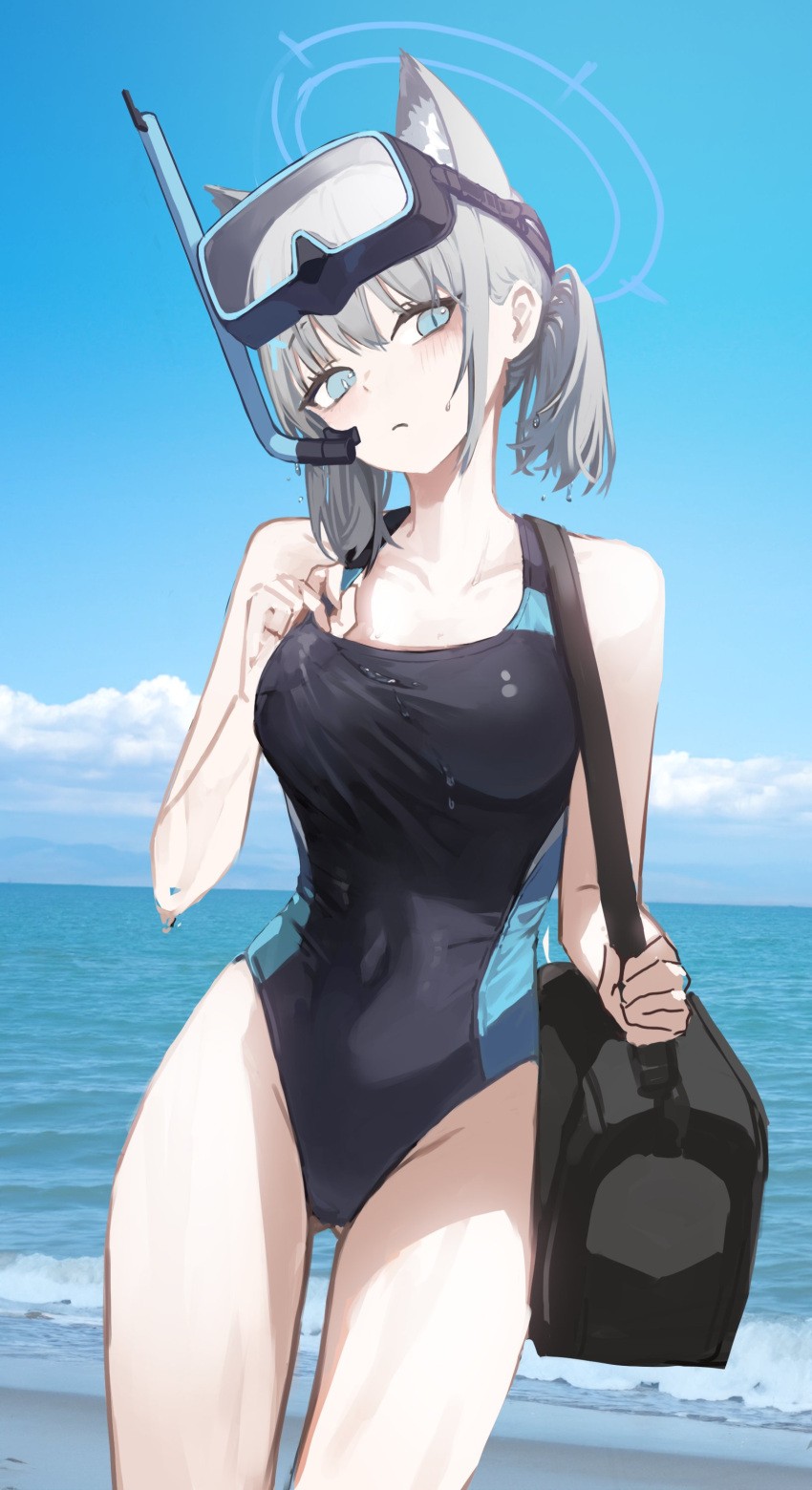 1girl absurdres animal_ear_fluff animal_ears ass_visible_through_thighs beach blue_archive breasts collarbone commentary competition_swimsuit covered_navel extra_ears goggles goggles_on_head grey_hair groin halo head_tilt highres korean_commentary looking_at_viewer medium_breasts mismatched_pupils official_alternate_costume one-piece_swimsuit outdoors seorang shiroko_(blue_archive) shiroko_(swimsuit)_(blue_archive) solo swimsuit twintails two-tone_one-piece_swimsuit wolf_ears