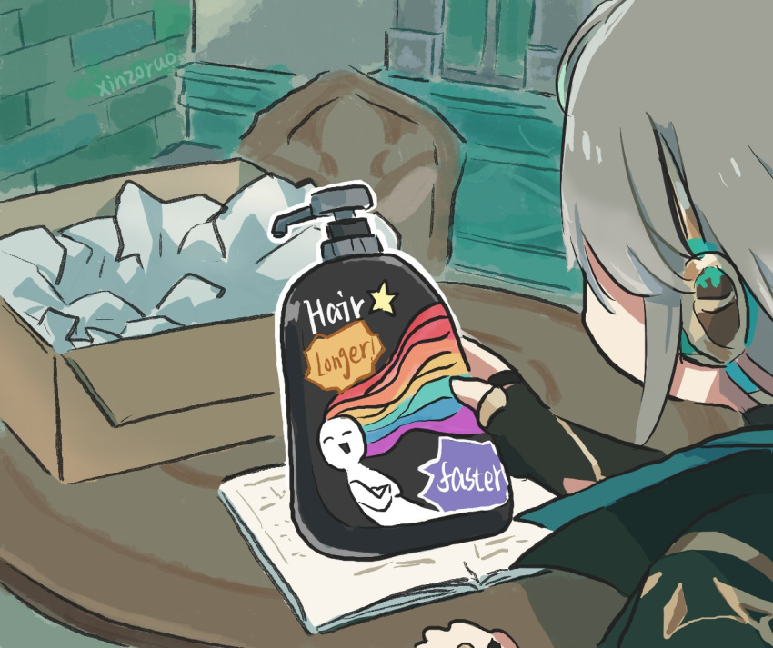 1boy alhaitham_(genshin_impact) black_gloves book bottle cape chair facing_away fingerless_gloves from_behind genshin_impact gloves green_cape grey_hair headphones holding holding_bottle package shampoo shampoo_bottle sidelocks sitting solo table xinzoruo