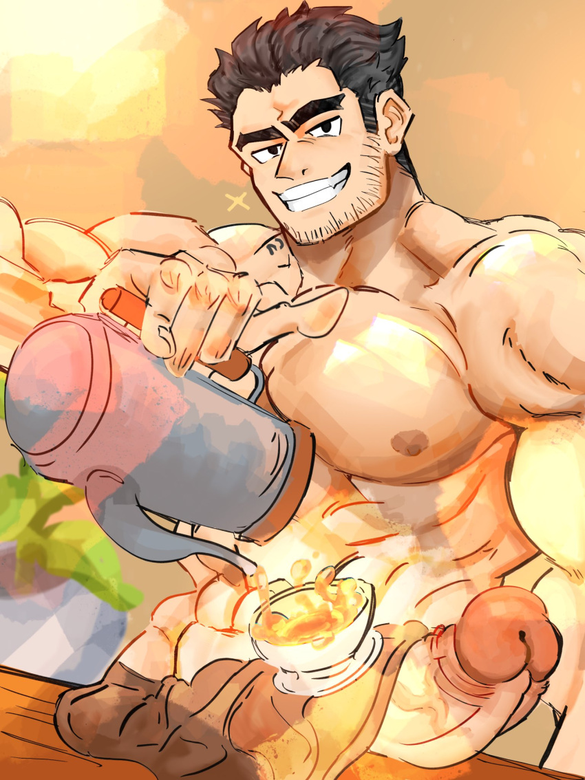 1boy abs apron bara barista beanbagdump beard_stubble black_hair brown_apron bulge counter cup erection erection_under_clothes girthy_penis grin highres holding holding_teapot huge_eyebrows large_areolae large_pectorals lucas_lee male_focus muscular muscular_male naked_apron nipples object_on_bulge pectorals penis pouring scott_pilgrim_takes_off short_hair smile solo sparkle teacup teapot topless_male uncensored