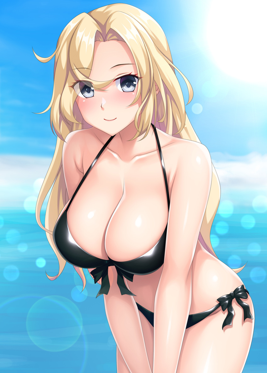 1girl bare_arms bare_legs bare_shoulders bikini black_bikini blonde_hair breasts cleavage closed_mouth collarbone cowboy_shot front-tie_bikini_top front-tie_top grey_eyes highres hornet_(kancolle) kantai_collection large_breasts long_hair looking_at_viewer ruin_re_birth side-tie_bikini_bottom smile solo swimsuit