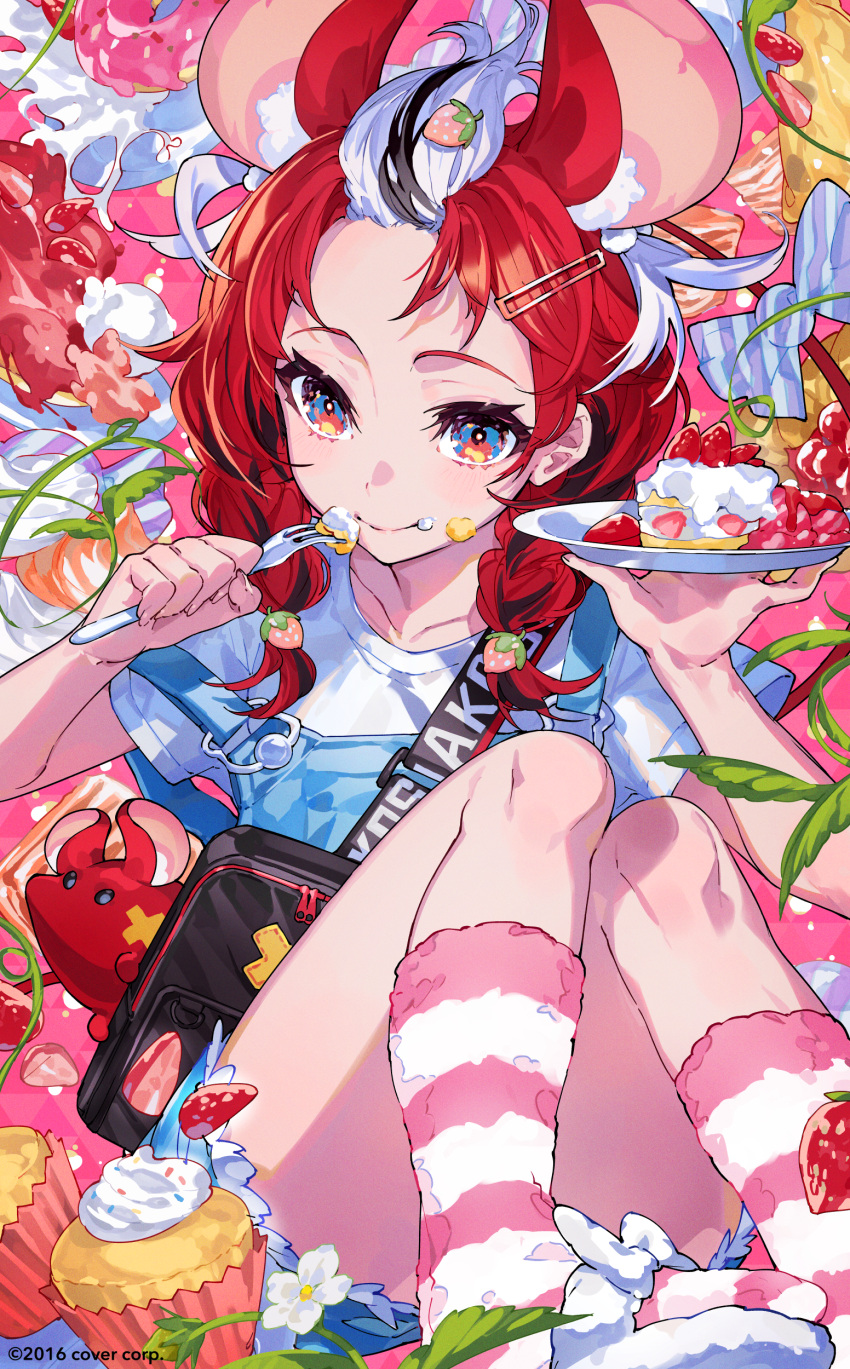 1girl absurdres animal_ear_fluff animal_ears black_hair cake cake_slice commentary_request denim denim_shorts eating english_commentary extra_ears food food-themed_hair_ornament fork fruit hair_ornament hairclip hakos_baelz highres holding hololive hololive_english long_hair mika_pikazo mouse_ears mouse_girl mr._squeaks_(hakos_baelz) multicolored_hair official_art plate red_hair shorts sitting smile socks solo strawberry strawberry_hair_ornament strawberry_shortcake streaked_hair striped striped_socks virtual_youtuber whipped_cream white_hair
