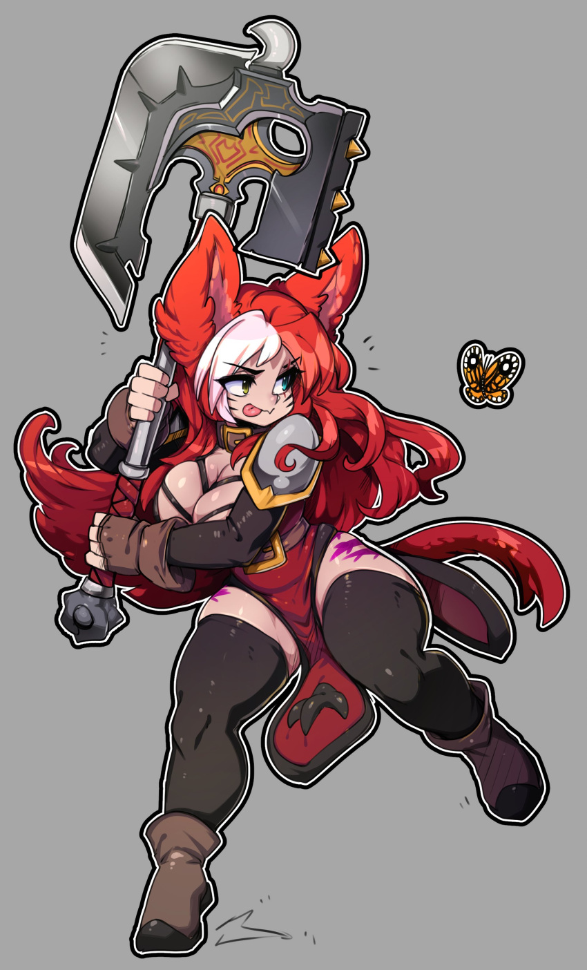 1girl absurdres animal_ears blue_eyes boots breasts cleavage copyright_request facial_mark final_fantasy final_fantasy_xiv full_body grey_background highres holding holding_weapon large_breasts long_hair long_sleeves miqo'te red_hair sabrith_ebonclaw simple_background slit_pupils slugbox solo tail thick_thighs thighhighs thighs weapon whisker_markings white_hair