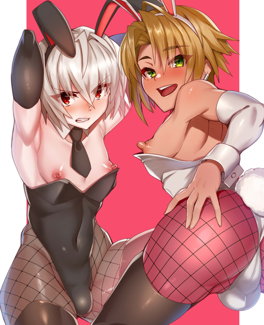 2boys animal_ears armpits arms_up ass black_leotard black_necktie black_thighhighs blush brown_hair bulge clenched_teeth covered_navel crossdressing detached_collar detached_sleeves fake_animal_ears fishnet_pantyhose fishnets green_eyes hair_between_eyes highleg highleg_leotard highres leotard looking_at_viewer male_focus male_playboy_bunny miga_(migao) multiple_boys necktie nipples open_mouth original otoko_no_ko pantyhose rabbit_ears red_eyes short_necktie strapless strapless_leotard teeth thighhighs white_hair wrist_cuffs