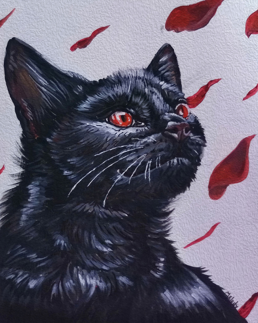 acrylic_painting_(artwork) black_body black_fur domestic_cat felid feline felis feral fur hi_res male mammal melodyofforest painting_(artwork) portrait red_eyes simple_background solo traditional_media_(artwork) whiskers