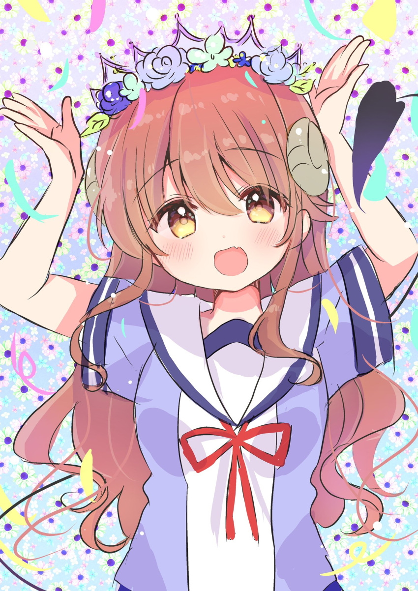 1girl arms_up blush brown_horns demon_horns fang floral_background flower hair_between_eyes hair_flower hair_ornament head_wreath highres horns long_hair looking_at_viewer machikado_mazoku multicolored_clothes nanami_ayane_(kusunoki5050) neck_ribbon open_mouth purple_shirt red_hair red_ribbon ribbon shirt skin_fang solo upper_body wavy_hair yellow_eyes yoshida_yuuko_(machikado_mazoku)