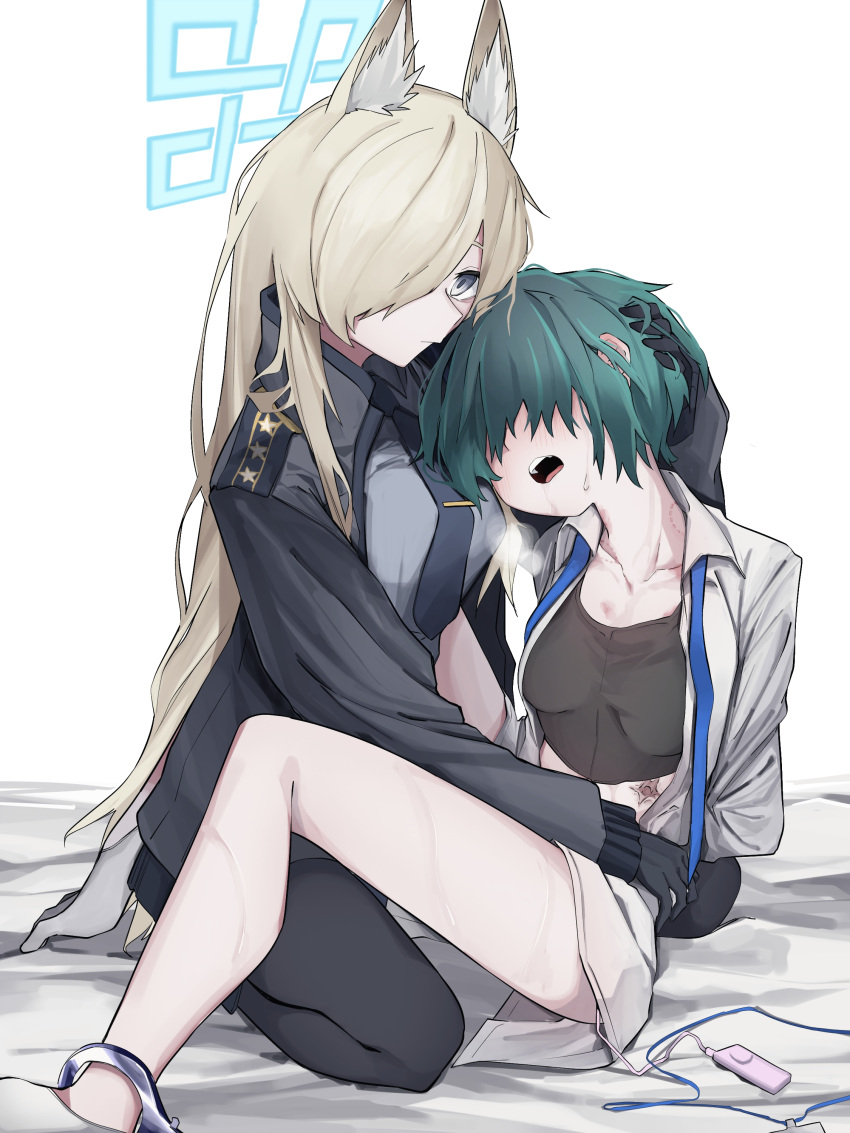 2girls absurdres animal_ears bite_mark black_gloves black_jacket black_pants blonde_hair blue_archive blue_halo blue_necktie blush breasts cleavage cuffs faceless faceless_female female_sensei_(blue_archive) gloves green_hair grey_eyes grey_shirt hair_over_one_eye halo hand_on_another's_head handcuffs heavy_breathing highres id_card jacket kanna_(blue_archive) long_hair medium_hair multiple_girls necktie open_mouth pants sensei_(blue_archive) sex_toy shirt teeth upper_teeth_only vibrator vivo_(vivo_sun_0222) white_shirt yuri
