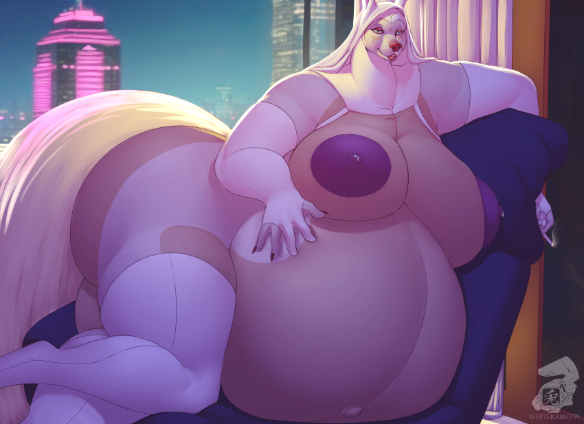 absurd_res alien anthro big_breasts big_butt bodily_fluids breasts butt canid canine cigarette female fox hi_res huge_aerola huge_breasts huge_butt hyper hyper_pregnancy mammal nipples nude nun pregnant smile solo svana_betzler_(whiterabbit95) tail thick_thighs whiterabbit95 wide_hips