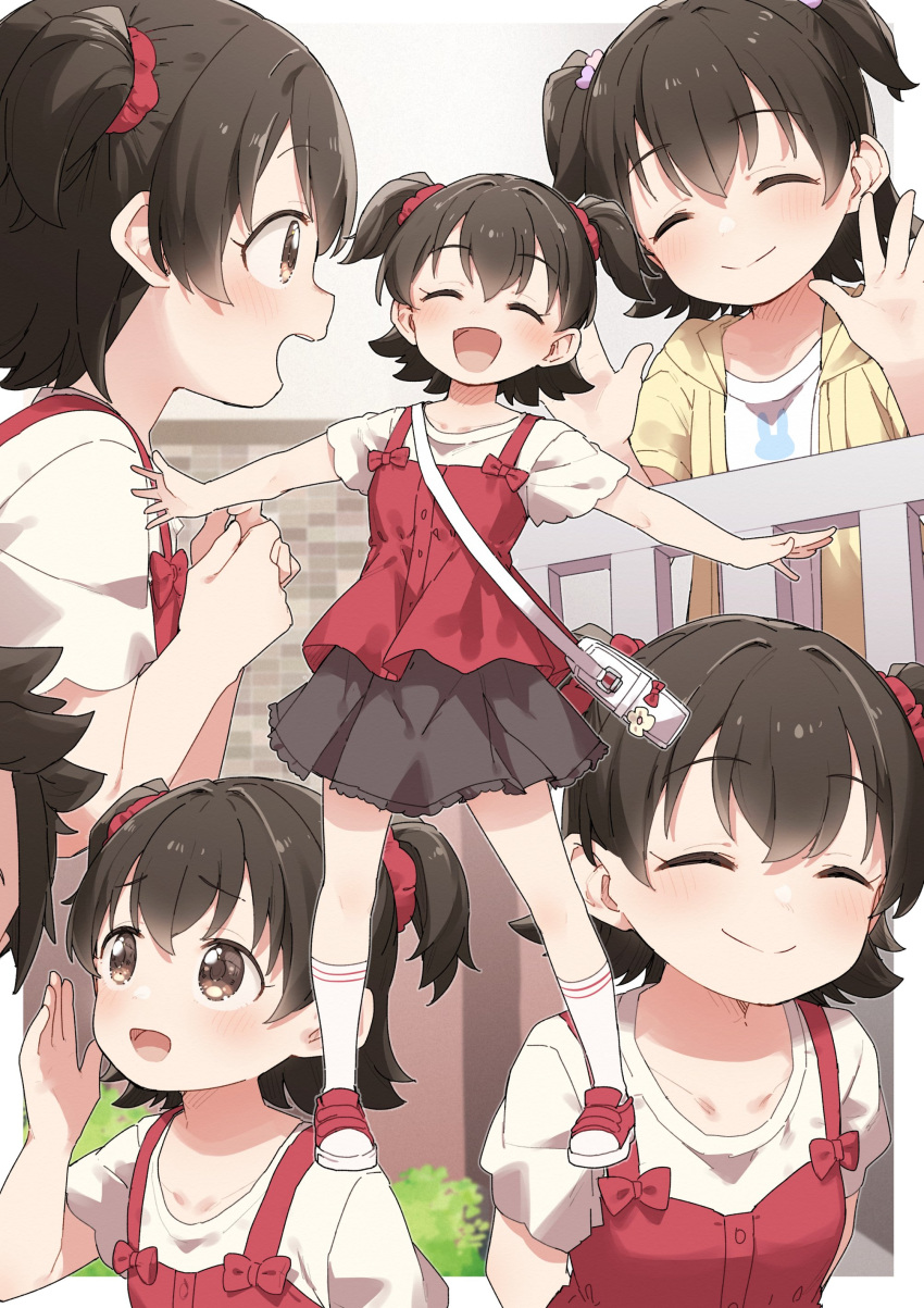1boy 1girl :d ^_^ absurdres akagi_miria black_skirt blush brown_eyes brown_hair closed_eyes closed_mouth commentary commentary_request full_body highres idolmaster idolmaster_cinderella_girls idolmaster_cinderella_girls_u149 multiple_views open_mouth outstretched_arms producer_(idolmaster) producer_(idolmaster_cinderella_girls_u149) red_footwear shirt shoes short_hair short_sleeves skirt smile socks two_side_up white_shirt white_socks yukie_(kusaka_shi)