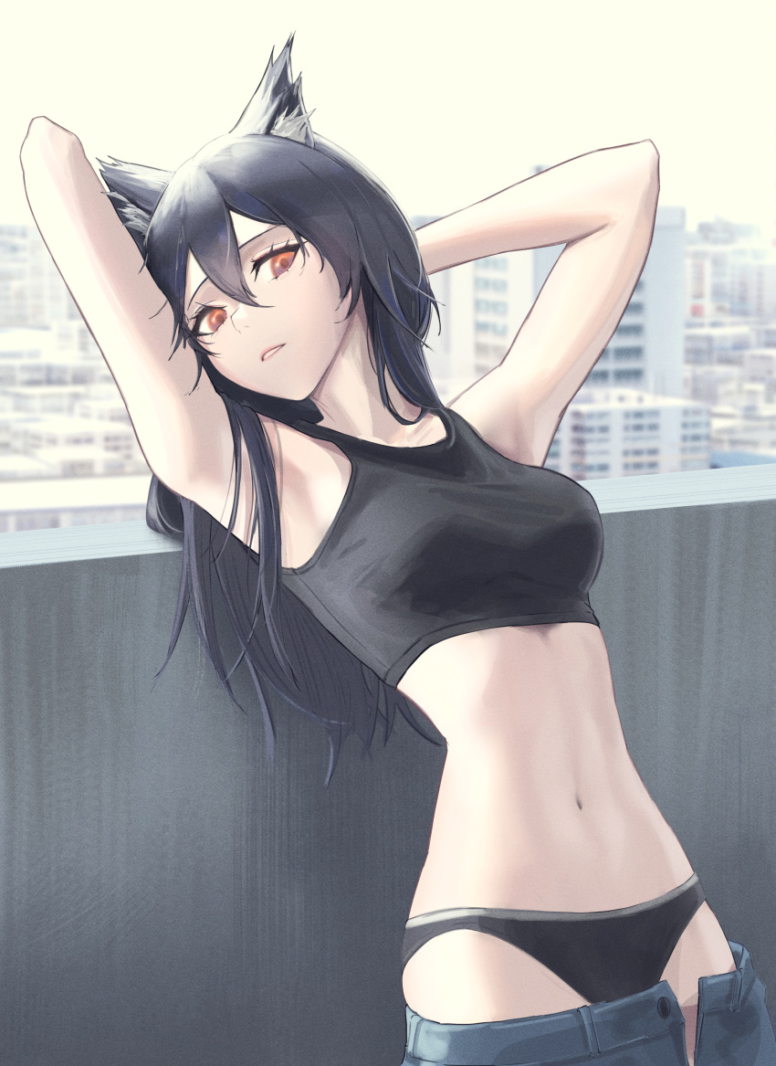 1girl absurdres against_wall alternate_costume animal_ear_fluff animal_ears arknights armpits arms_behind_head arms_up bare_arms bare_shoulders black_hair black_panties black_shirt black_tank_top blue_pants blurry blurry_background breasts buttons cityscape clear_sky collarbone commentary cowboy_shot crop_top day denim depth_of_field expressionless eyelashes from_side hair_between_eyes head_tilt highres inck00 jeans leaning leaning_back lips long_hair looking_at_viewer looking_to_the_side medium_breasts midriff navel orange_eyes outdoors pale_skin panties pants parted_lips partially_undressed shade shirt skinny sky solo standing stomach sunlight tank_top teeth texas_(arknights) underwear unzipped wall white_sky wolf_ears wolf_girl