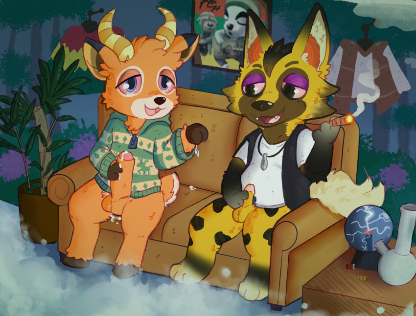 animal_crossing antelope anthro beau_(animal_crossing) big_penis bodily_fluids bong bovid canid canine canis circumcised cum drugs duo foreskin furniture genital_fluids genitals hi_res kyle_(animal_crossing) male mammal marijuana nintendo on_sofa penis penis_size_difference red_sclera sin_tokki sitting sitting_on_sofa small_penis sofa stoned substance_intoxication wolf