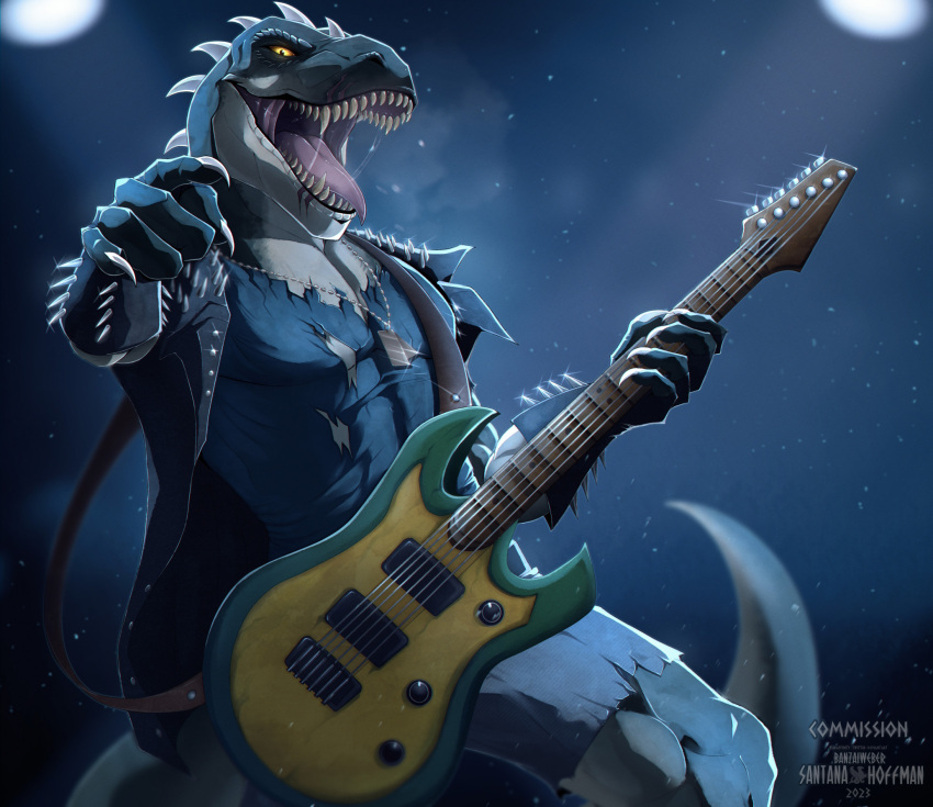 2023 anthro artist_name black_clothing black_topwear blue_bottomwear blue_clothing blue_shorts blue_topwear bodily_fluids bottomwear clothed clothing dated dinosaur dog_tags green_body head_spikes hi_res holding_guitar looking_at_viewer male narrowed_eyes open_mouth reptile rocco_(tallion) saliva saliva_string santanahoffman scalie sharp_teeth shorts solo spikes spikes_(anatomy) standing teeth topwear torn_bottomwear torn_clothing torn_topwear yellow_eyes