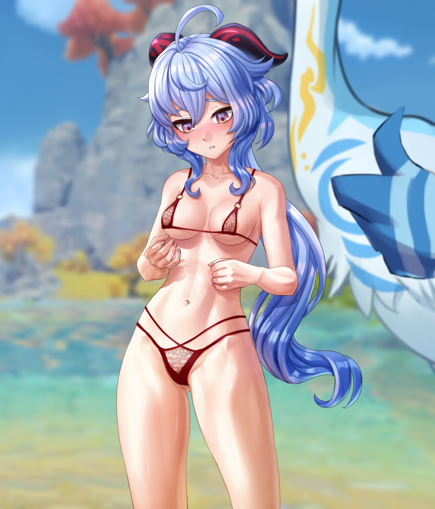 1girl 3d_background ass_visible_through_thighs bird blue_hair blue_sky blurry blurry_background blush bra breasts cleavage clothes_hanger cloud cloud_retainer_(genshin_impact) cloudy_sky collarbone commentary covered_nipples crane_(animal) depth_of_field embarrassed english_commentary ganyu_(genshin_impact) genshin_impact goat_horns groin hair_between_eyes head_tilt highres horns lingerie long_hair low_ponytail luizhtx medium_breasts micro_bra micro_panties navel nude panties pants parted_lips red_bra red_pants sidelocks sky solo_focus stomach towel underwear water