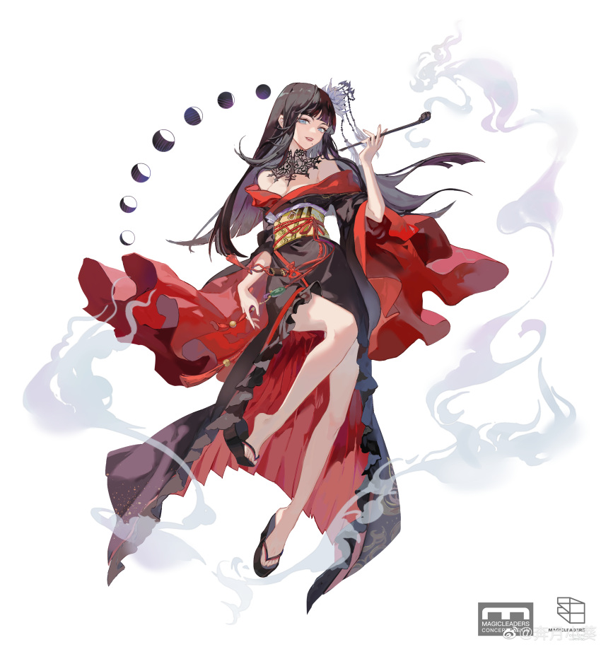 1girl absurdres bare_shoulders benyue_xiao_kui black_collar black_footwear black_hair black_kimono blue_eyes blunt_bangs blunt_ends breasts chinese_commentary cleavage collar commentary_request epiphyllum final_fantasy final_fantasy_xiv floating floating_hair flower full_body hair_flower hair_ornament hair_stick hand_up highres holding holding_smoking_pipe hyur inrou japanese_clothes kimono kiseru knee_up lace_collar long_hair looking_at_viewer mole mole_under_mouth moon_phases obi obiage obijime off_shoulder okobo parted_lips sash simple_background smile smoke smoking_pipe solo tassel two-sided_fabric watermark weibo_logo weibo_username white_background wide_sleeves yotsuyu_goe_brutus