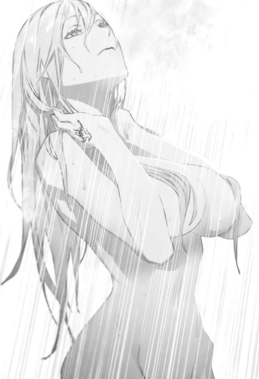 1girl absurdres bath breasts command_spell fate:lost_einherjar fate_(series) greyscale highres large_breasts long_hair looking_up miwa_shirow monochrome non-web_source official_art remina_eltfrom_yggdmillennia white_background