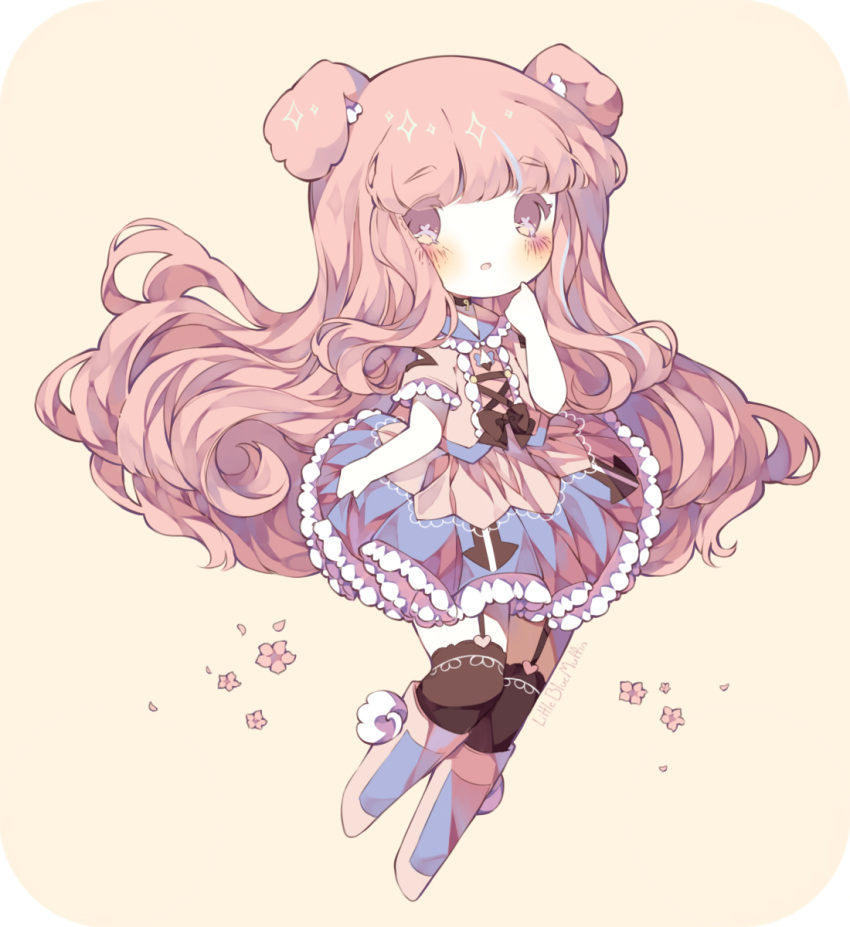 1girl :o animal_ears arrow_print art_trade black_choker black_thighhighs blue_collar blue_skirt blush boots bow brown_bow center_frills cherry_blossoms chibi choker clenched_hand collar collared_shirt colored_eyelashes cross-laced_clothes cross-laced_top english_commentary fayre_(bunbbyart) floppy_ears flower frilled_shirt_collar frilled_skirt frilled_sleeves frills hand_up heart heart_in_eye highres littlebluemuffin long_hair looking_at_viewer making-of_available miniskirt open_mouth original painttool_sai_(medium) petals petticoat pink_eyes pink_flower pink_footwear pink_hair pink_shirt rabbit_ears rabbit_tail rabbit_tail_footwear shirt short_sleeves skirt symbol_in_eye tail thighhighs very_long_hair waist_bow yellow_background