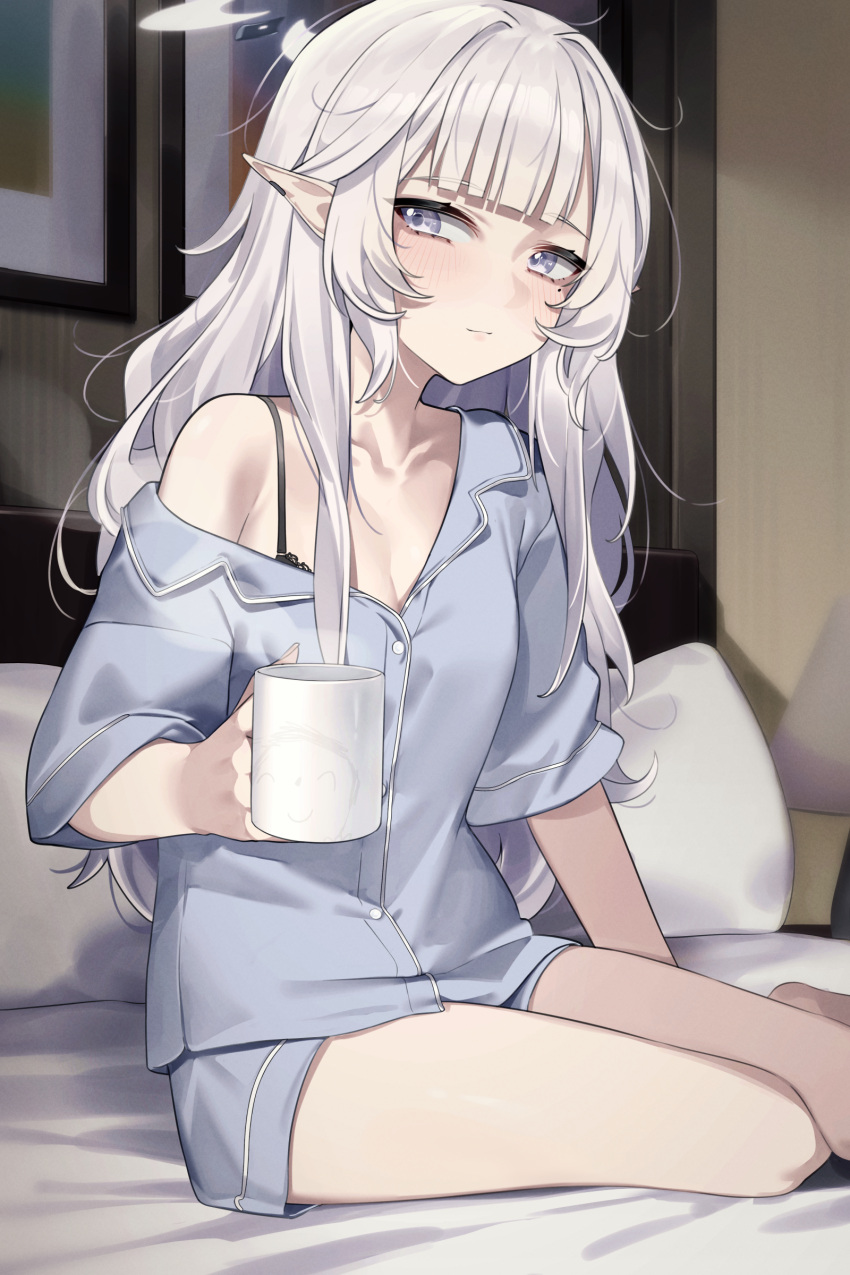 1girl absurdres arona's_sensei_doodle_(blue_archive) bare_legs bed_sheet black_bra blue_archive blunt_bangs blush bra breasts collarbone commentary cup earclip grey_hair grey_shirt grey_shorts halo highres himari_(blue_archive) holding holding_cup indoors light_smile long_hair looking_at_viewer mole mole_under_eye on_bed pillow pointy_ears pov reflection sensei_(blue_archive) shirt shorts single_bare_shoulder sitting small_breasts solo underwear very_long_hair wakamepiza yokozuwari