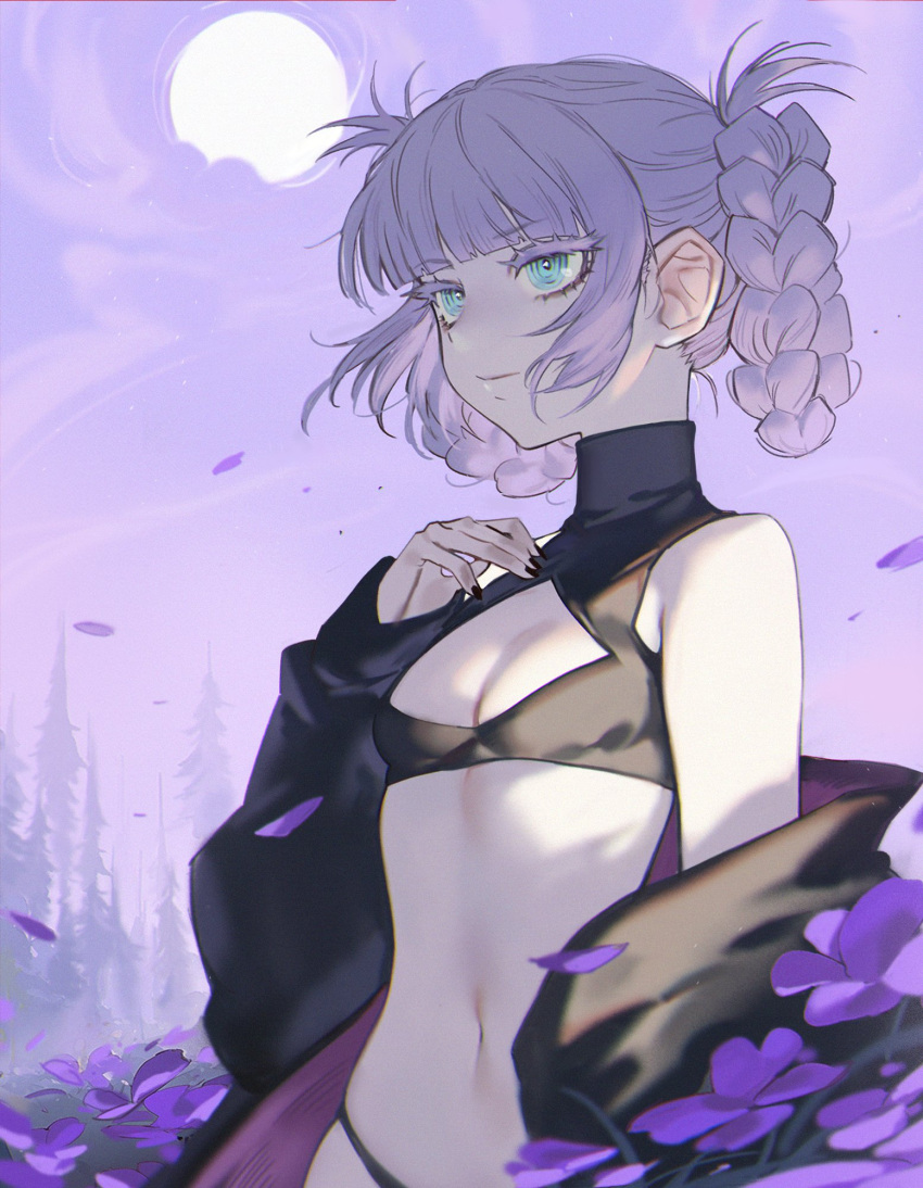 1girl bare_shoulders black_nails black_panties blue_eyes braid braided_hair_rings breasts cleavage_cutout closed_mouth clothing_cutout colored_eyelashes crop_top expressionless falling_petals flower foolish_potato forest hair_rings hand_up highleg highleg_panties highres jacket_pull long_sleeves looking_ahead nail_polish nanakusa_nazuna_(yofukashi_no_uta) nature navel off_shoulder outdoors panties petals profile purple_flower purple_hair purple_sky revealing_clothes ribs ringed_eyes short_hair sky sleeveless small_breasts solo stomach underwear upper_body yofukashi_no_uta